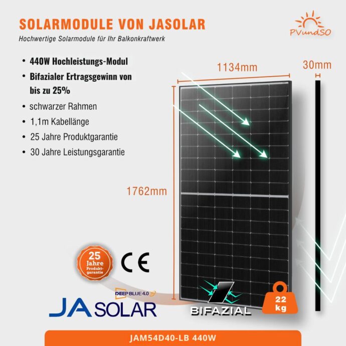 Solarmodul JASolar JAM54D40-LB 440W Black Frame bifazial – Bild 3